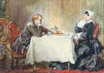 Alfred de Musset (1810-57) og George Sand (1804-76) ved bordet, illustrasjon fra Mussets «En sønn av århundrets bekjennelser»